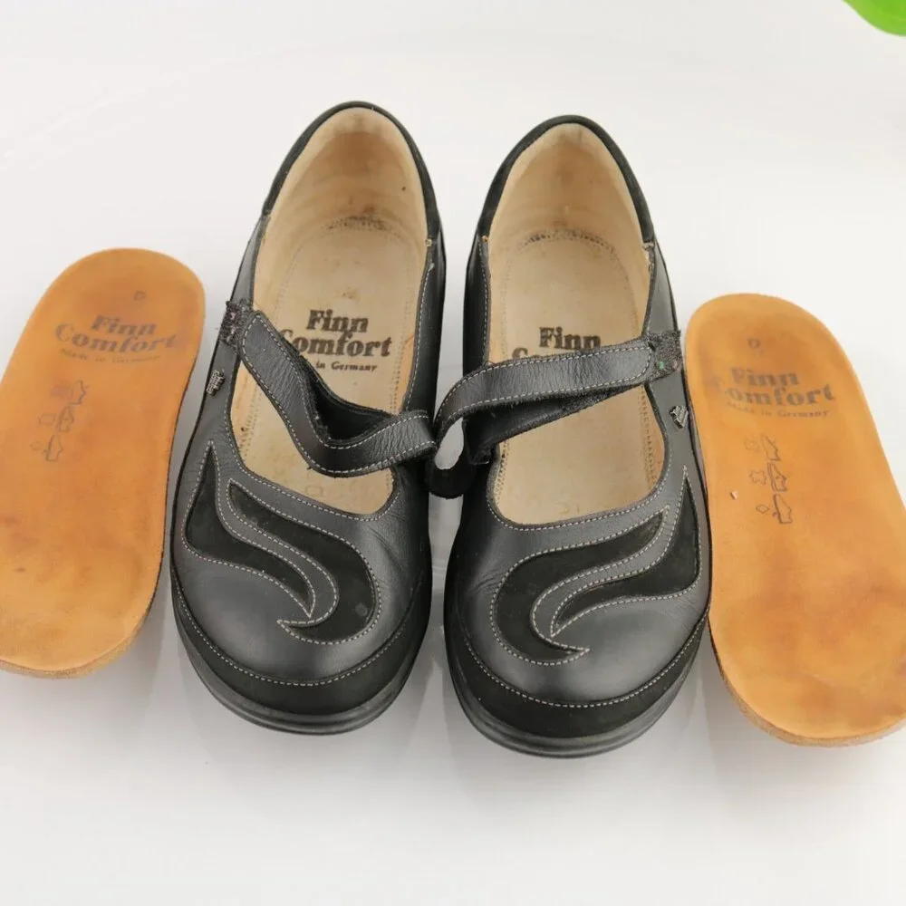 Finn Comfort Womens Glendale Mary Jane Shoe Size 37 6 Black Leather Flats Loafer